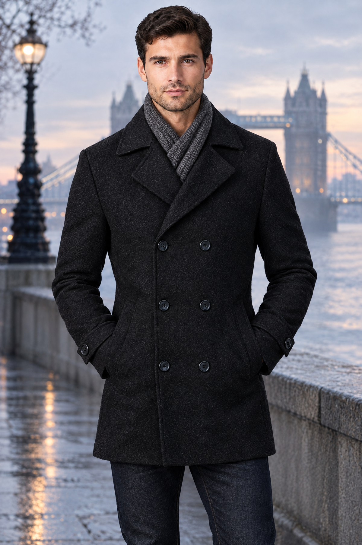 Double-breasted wool peacoat by the Thames