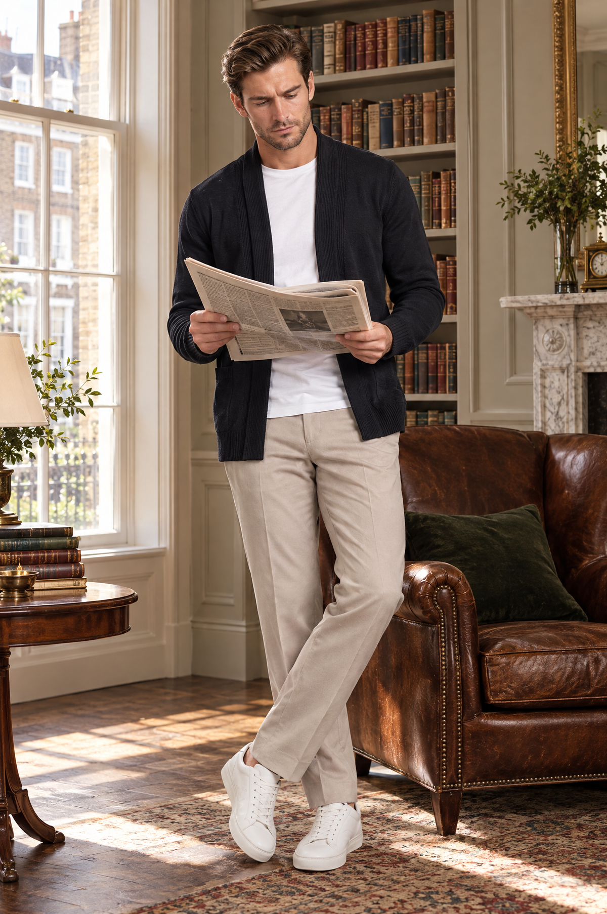 Man wearing a shawl collar cardigan in a London townhouse