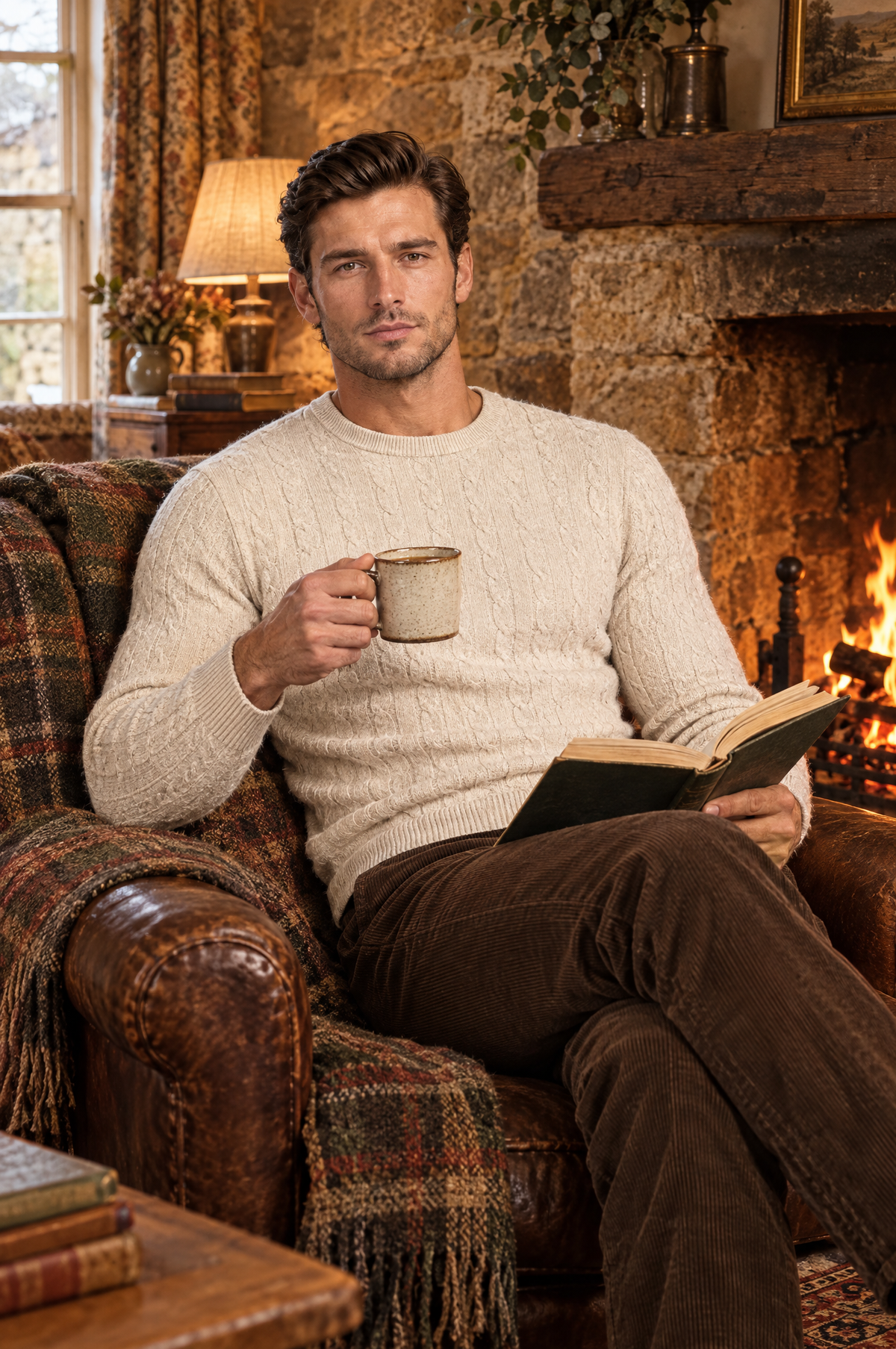 Cable knit jumper gift for a man by the fire