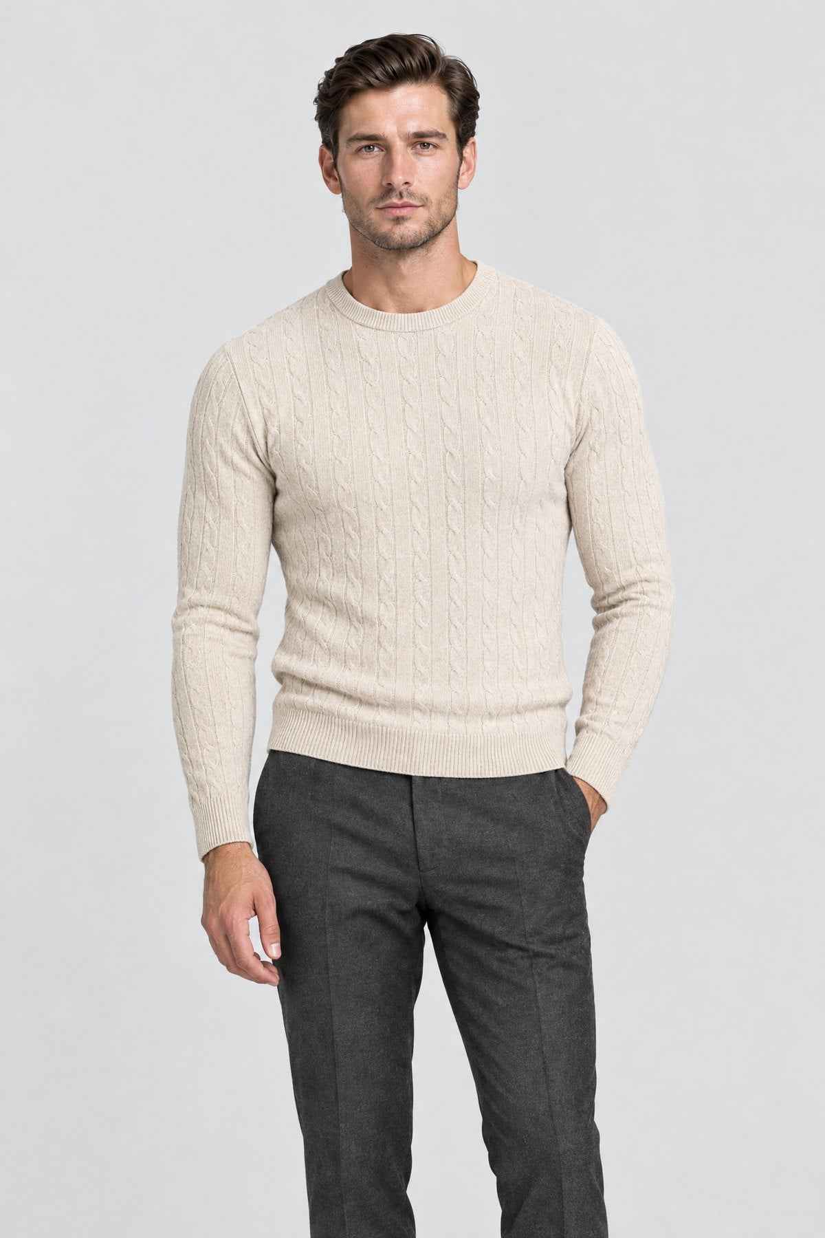 Men's oat cable knit crew neck jumper