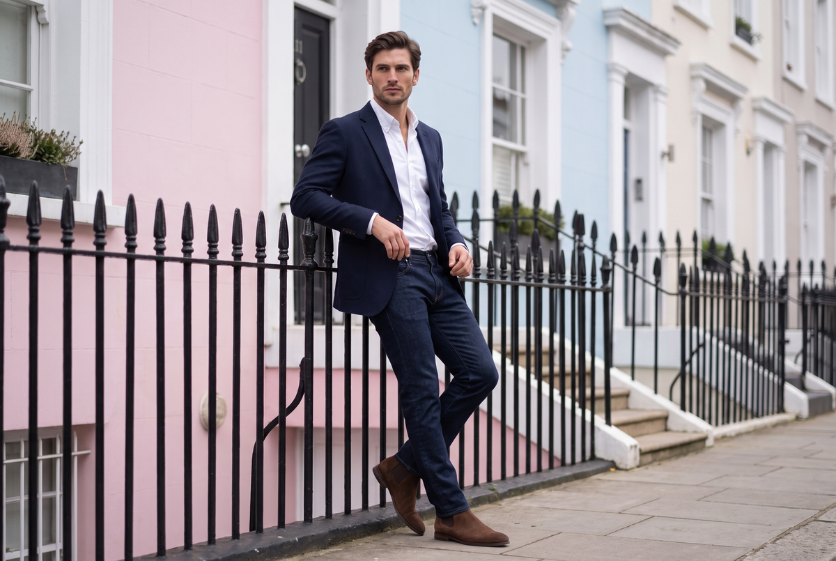 Smart casual jeans outfit with navy blazer, white shirt and suede Chelsea boots in Notting Hill