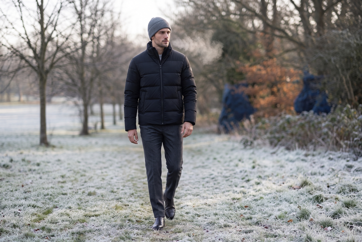Man wearing a black quilted down jacket and beanie on a frosty Hampstead Heath morning