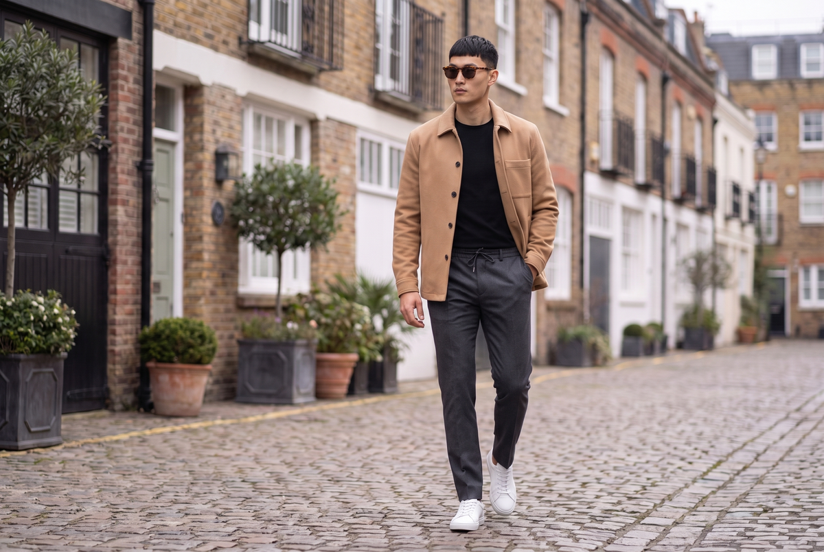 Man in charcoal drawstring tailored trousers, black tee and camel overshirt in a Kensington mews
