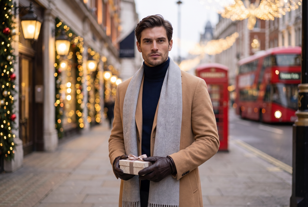 Man wearing a grey herringbone scarf and camel overcoat on a festive London street — menswear gift guide
