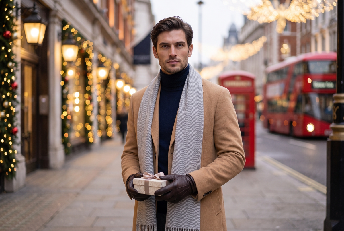 Man wearing a grey herringbone scarf and camel overcoat on a festive London street — menswear gift guide