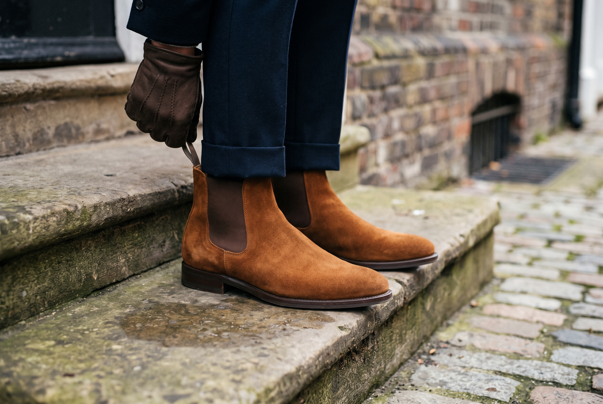 Tobacco suede Chelsea boots being pulled on by the heel tab on a London doorstep