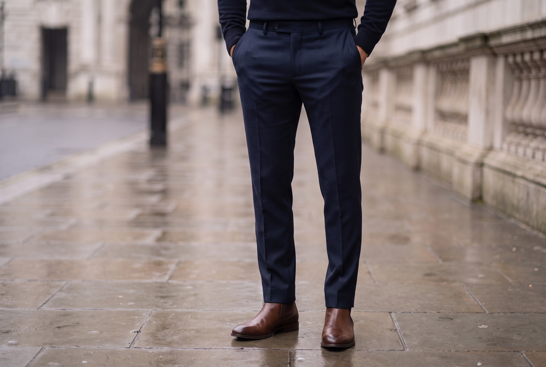 Well-fitting slim straight navy trousers with a slight break over brown leather shoes