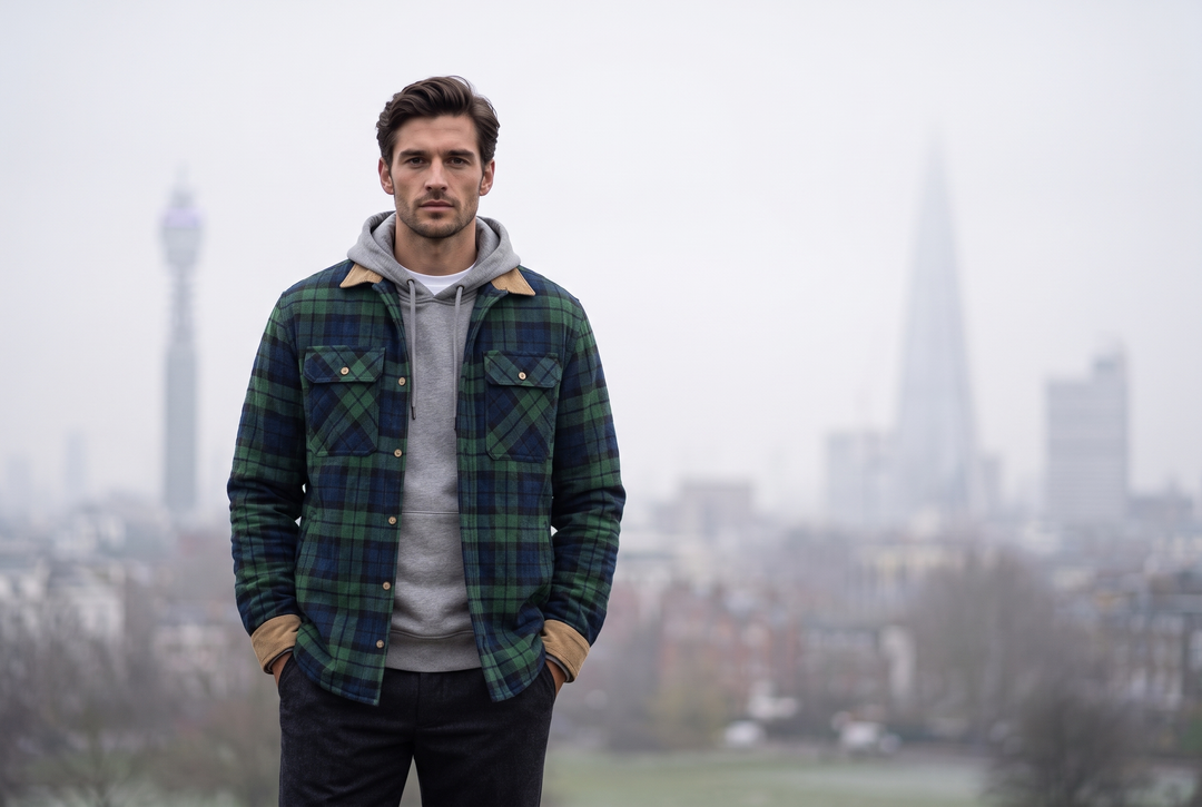 Man layering a green tartan shacket over a hoodie on a misty Primrose Hill winter morning