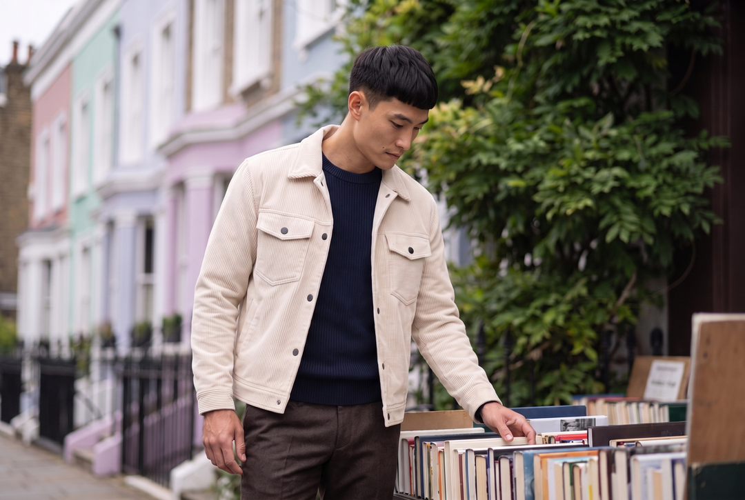 Man in an ecru corduroy jacket and navy knit outside a Notting Hill bookshop