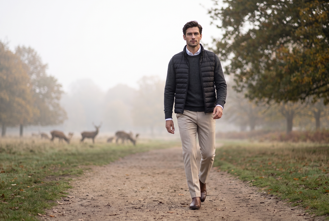 Man in a black quilted gilet over a knit on a misty morning in Richmond Park