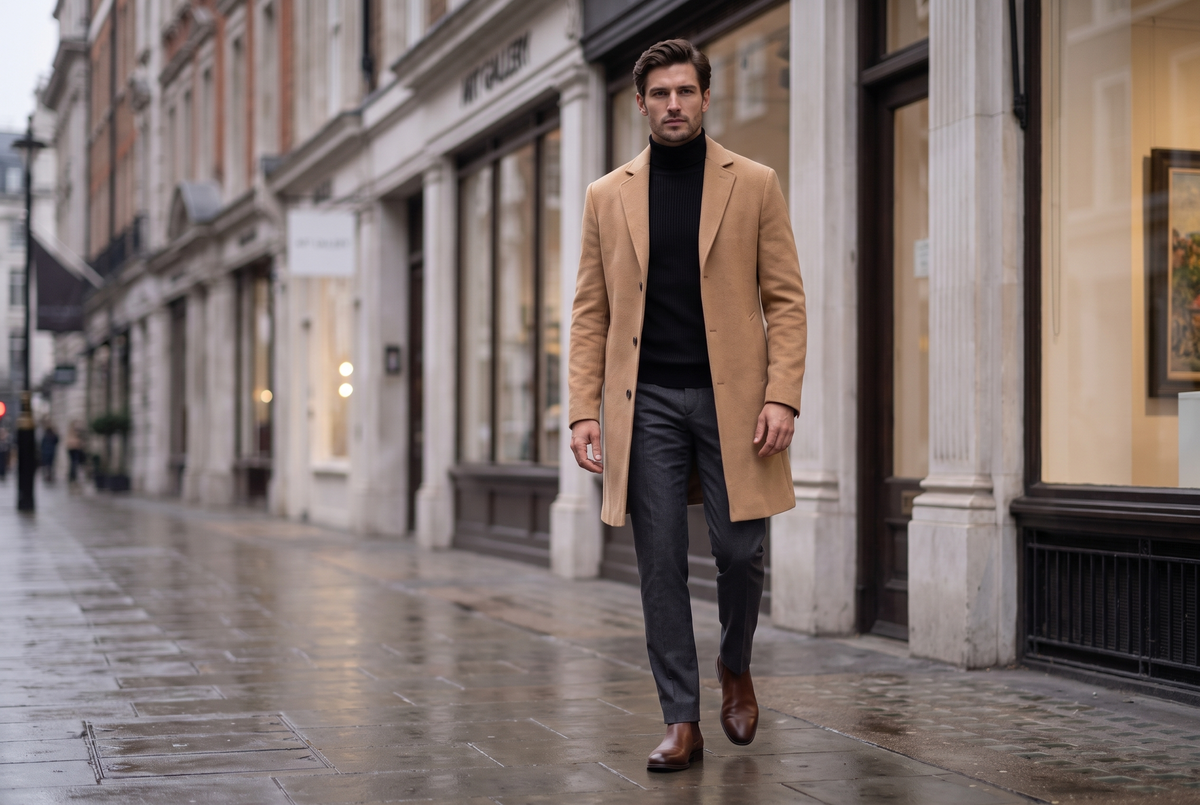 Man in a black roll neck jumper under a camel overcoat outside a Mayfair gallery at dusk