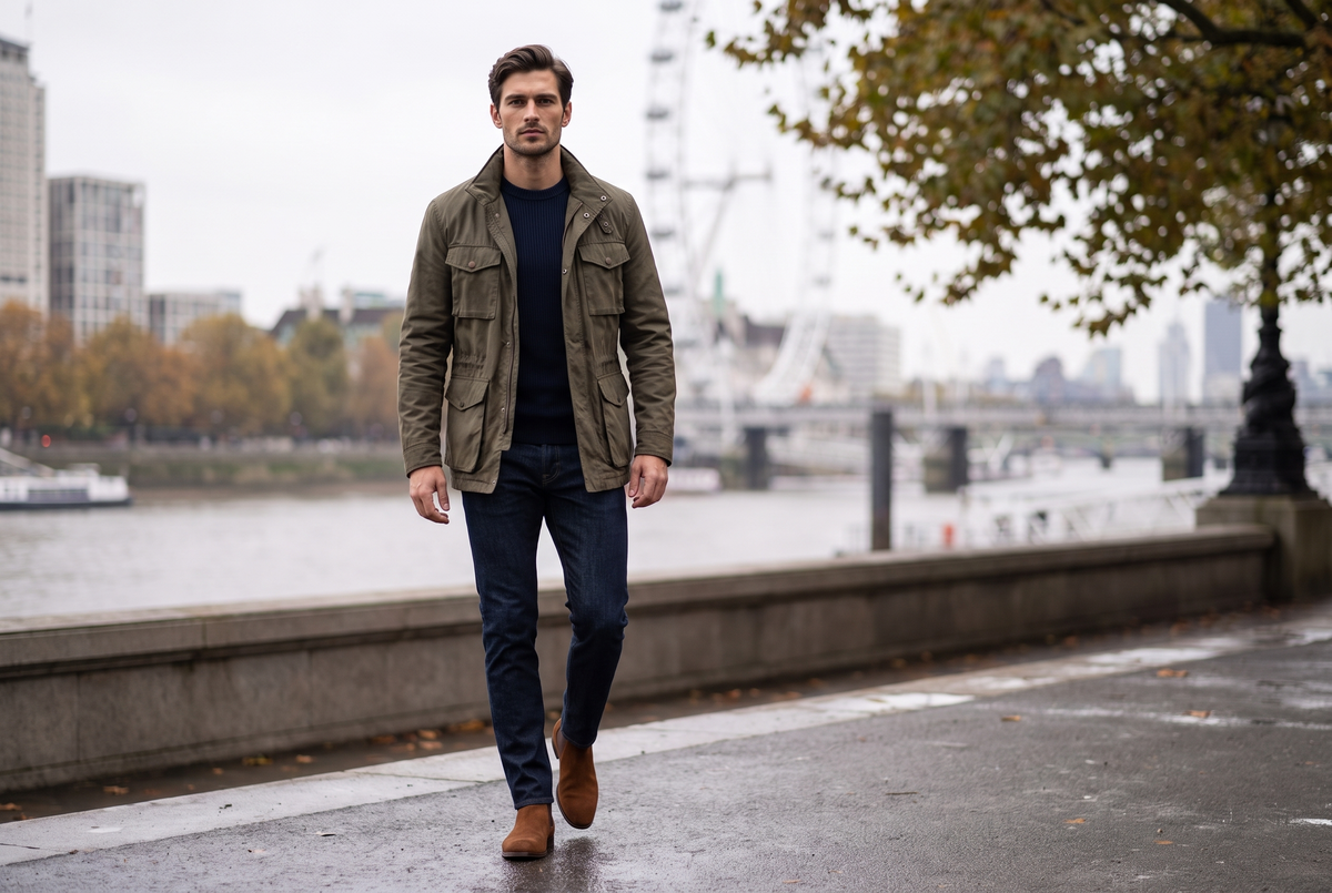 Man wearing tobacco suede Chelsea boots with dark jeans and a navy knit on London's South Bank