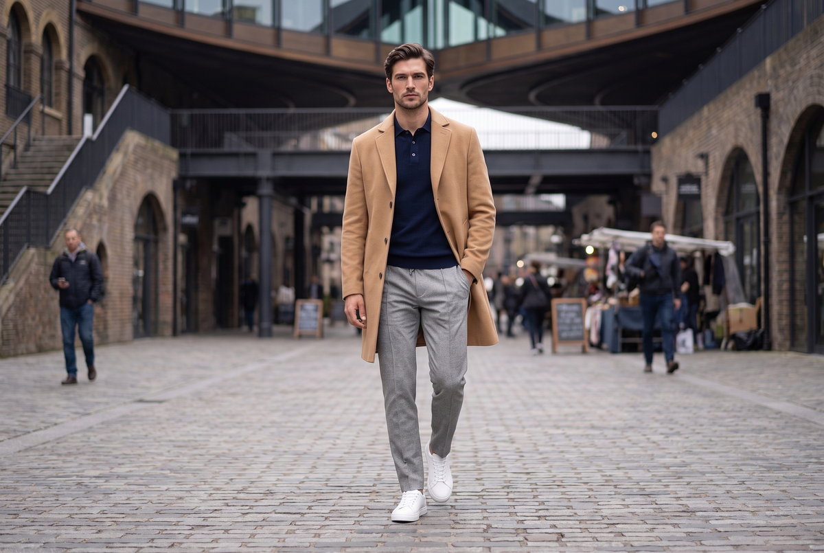 Man wearing grey waffle joggers smartly with a knitted polo, camel overcoat and white trainers in King's Cross