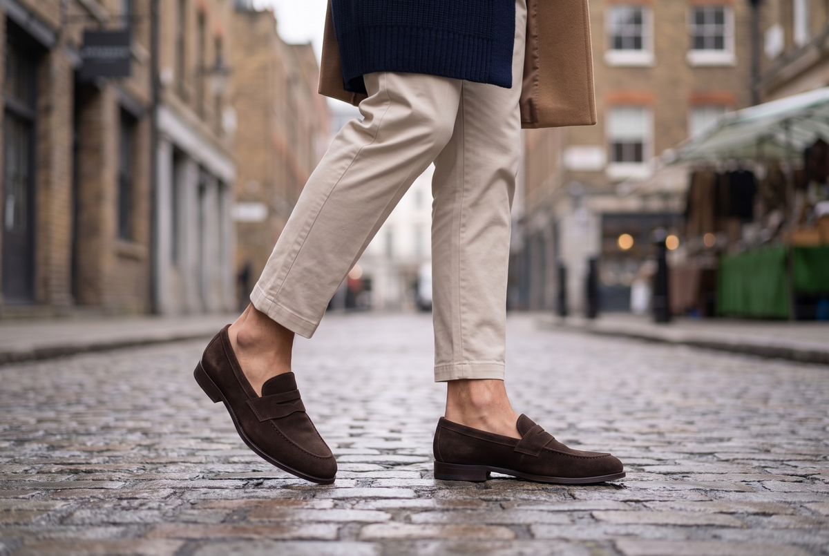 Dark brown suede penny loafers with cropped stone chinos on a cobbled Covent Garden street
