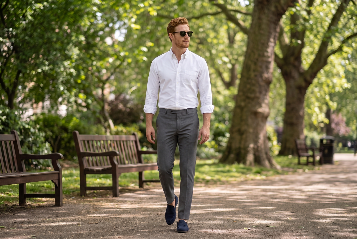 Man in lightweight grey trousers and white Oxford shirt walking through a London park