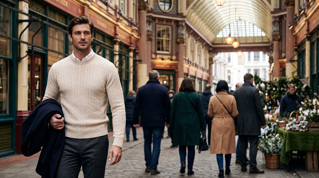 Man in an oat cable-knit jumper in a London covered market