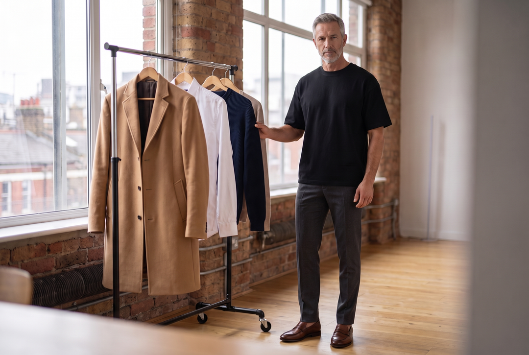 Man in a black heavyweight tee beside a rail of neutral capsule wardrobe essentials