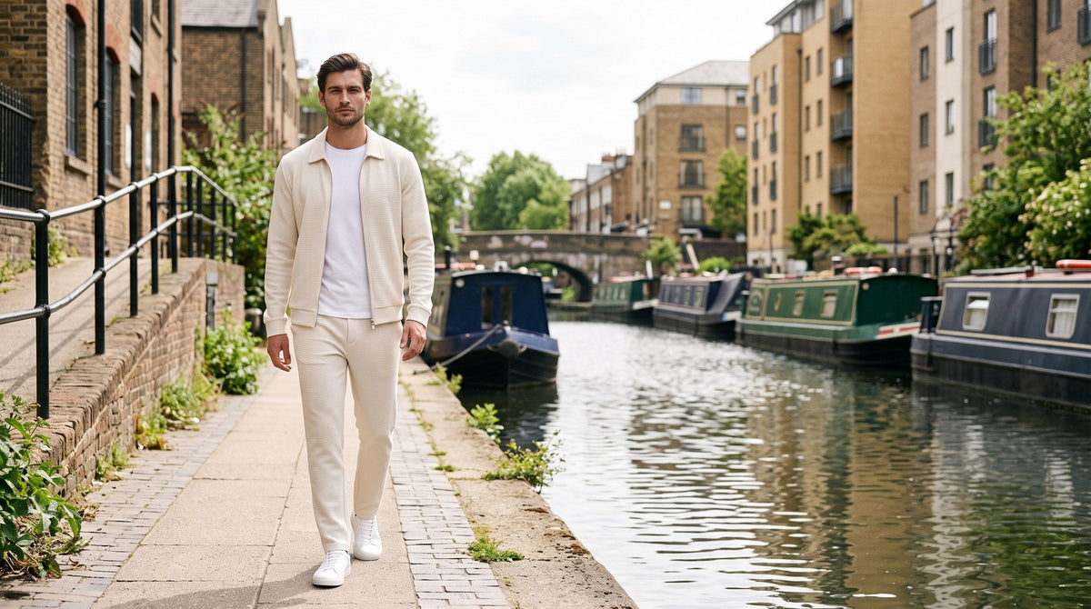 Man in an ecru waffle-knit jacket and trouser set by a London canal