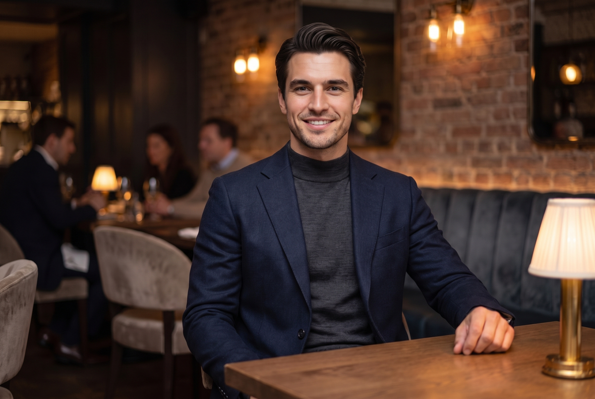 Man in a charcoal mock neck jumper under a navy blazer in a London restaurant