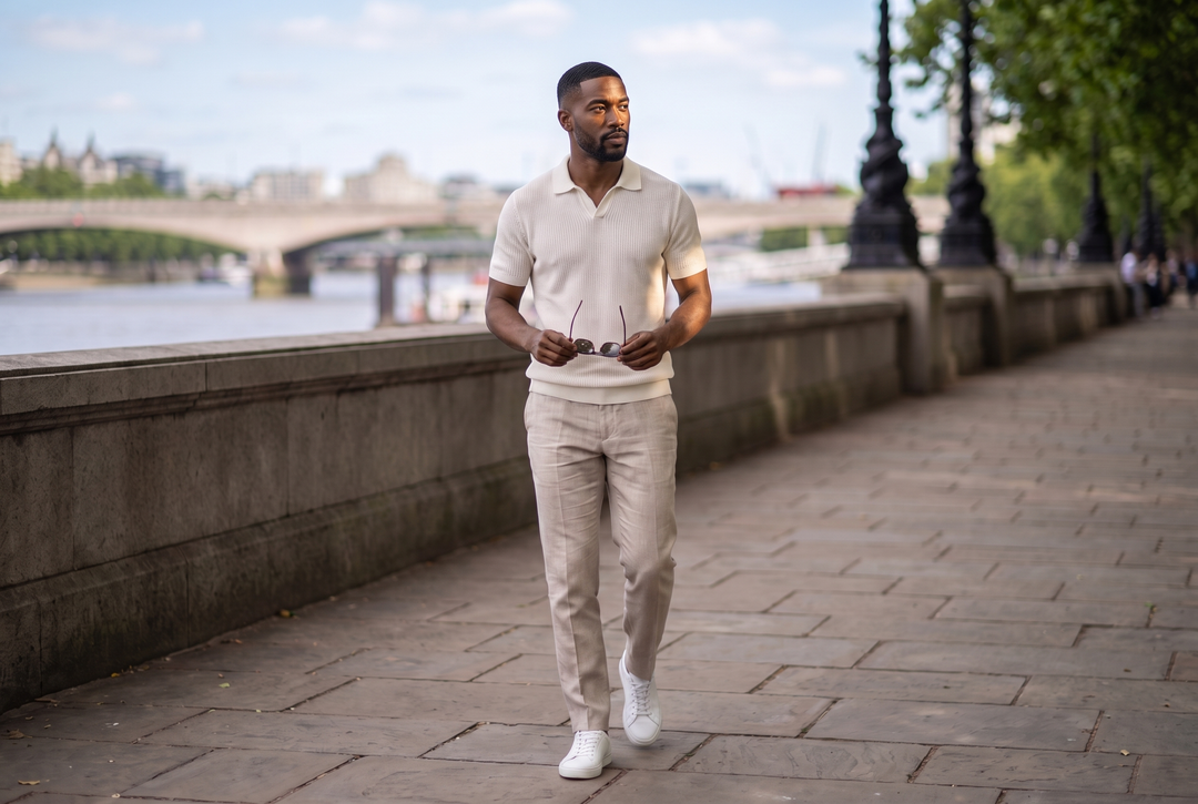 Men's summer smart casual outfit with knitted polo, stone trousers and white trainers on London's South Bank