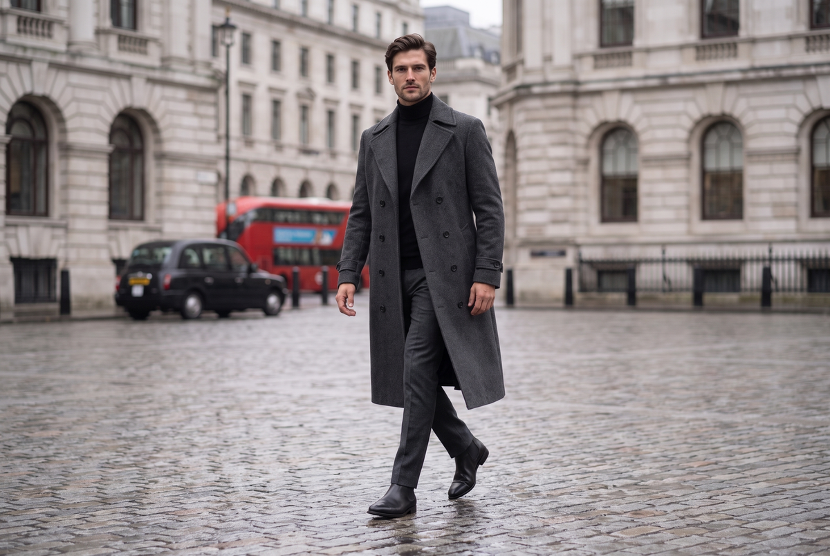 Man in a charcoal double-breasted wool coat walking through the City of London in winter