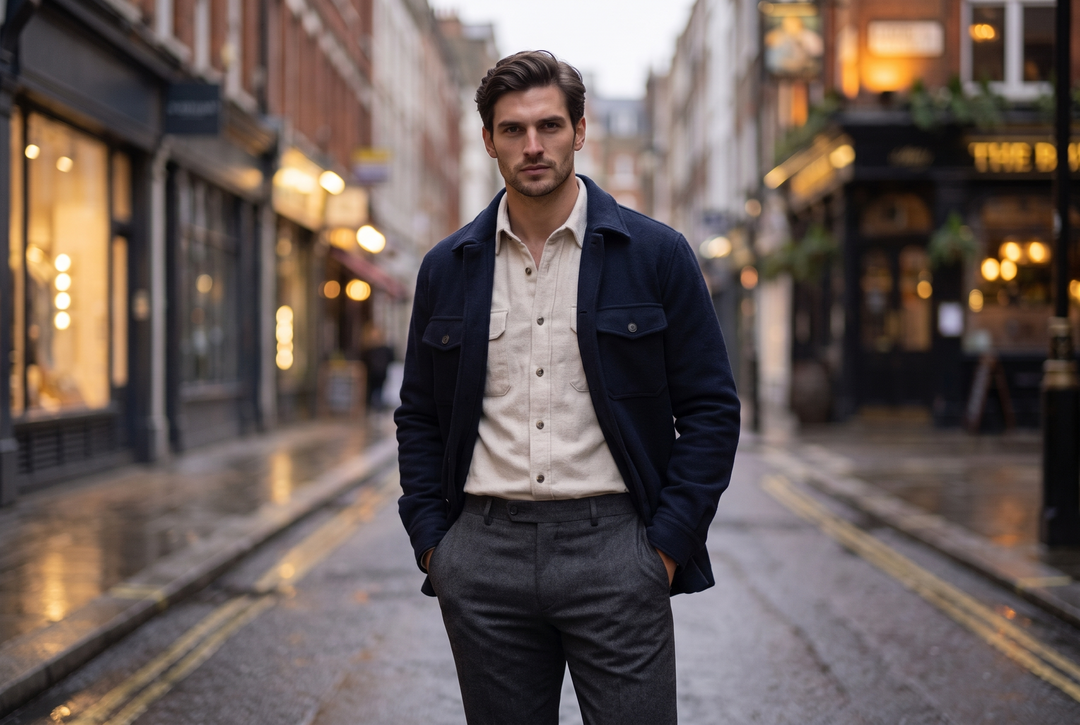 Man in an ecru flannel shirt under a navy wool overshirt on a rainy Soho street