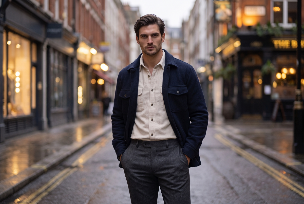 Man in an ecru flannel shirt under a navy wool overshirt on a rainy Soho street