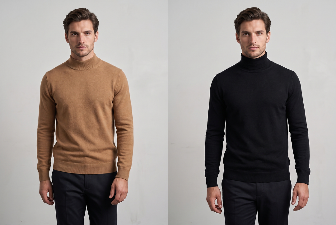 Mock neck jumper in camel next to a black roll neck turtleneck jumper