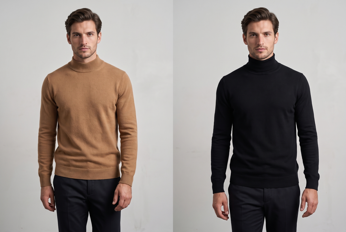 Mock neck jumper in camel next to a black roll neck turtleneck jumper