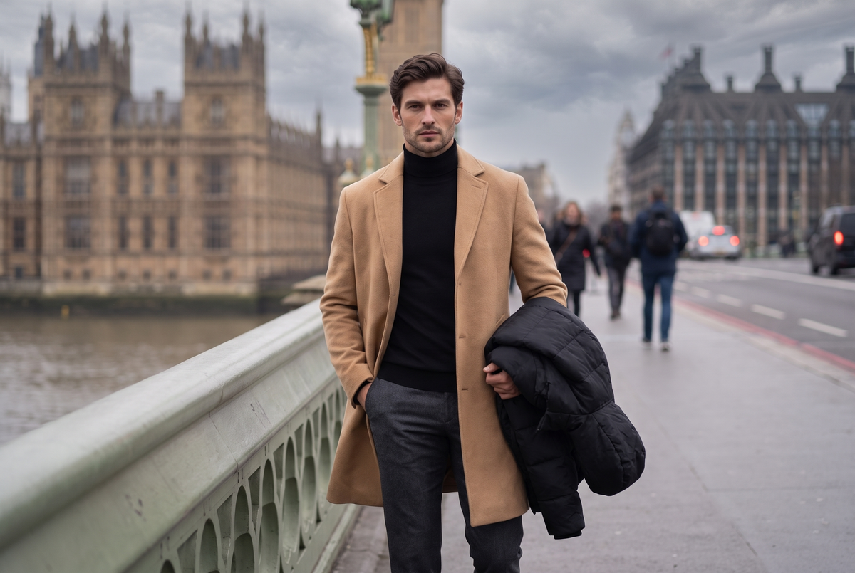 Man in a camel wool overcoat carrying a black puffer jacket on Westminster Bridge