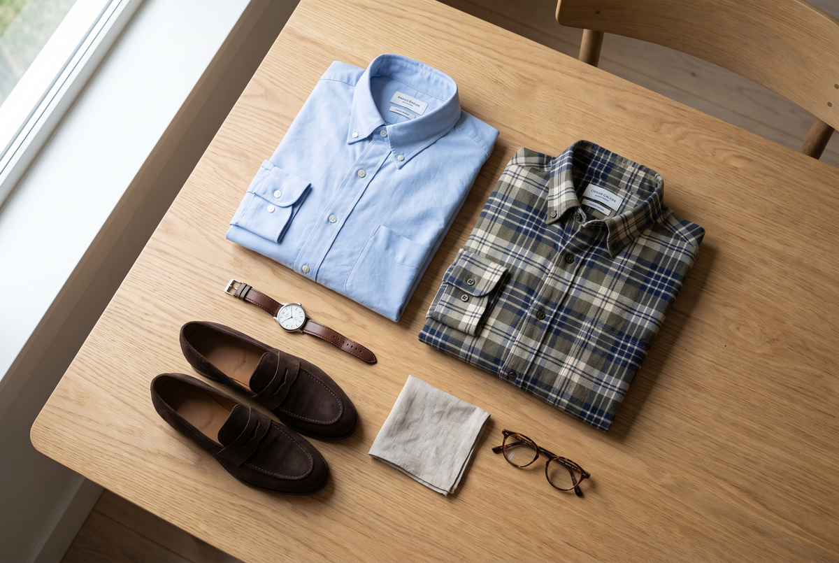 Light blue Oxford shirt beside a brushed cotton check shirt with suede loafers and a watch
