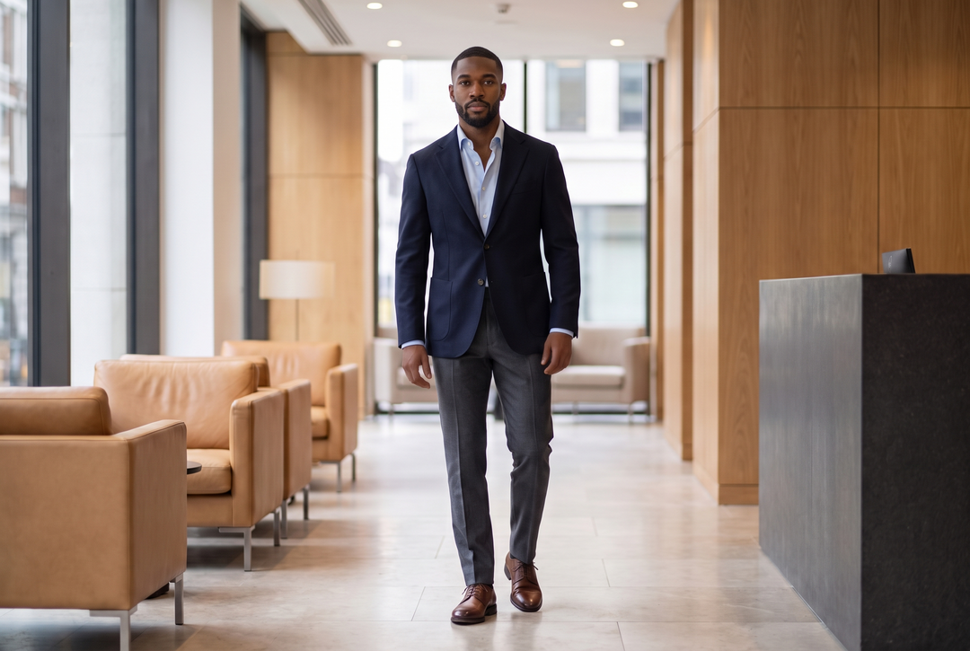 Smart casual interview outfit: navy blazer, light blue Oxford shirt, grey trousers, brown shoes