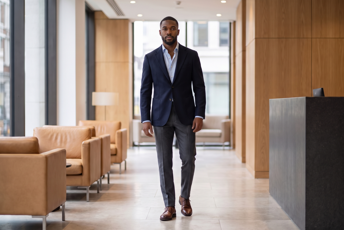 Smart casual interview outfit: navy blazer, light blue Oxford shirt, grey trousers, brown shoes