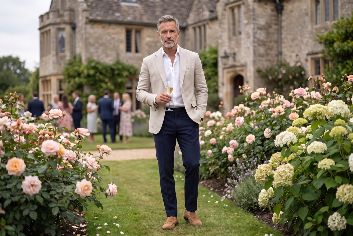 Men's smart casual wedding outfit with stone linen blazer and navy trousers at a garden wedding