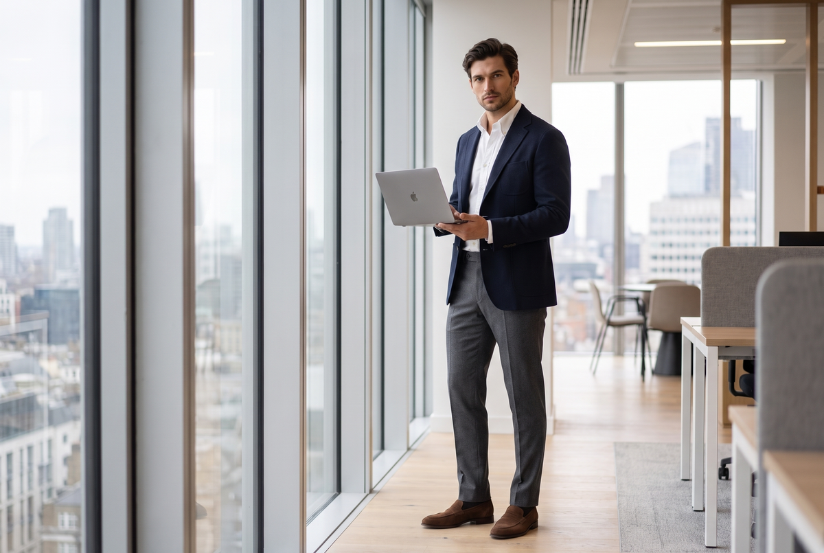 Smart casual office outfit: navy blazer, white Oxford shirt, grey trousers and suede loafers