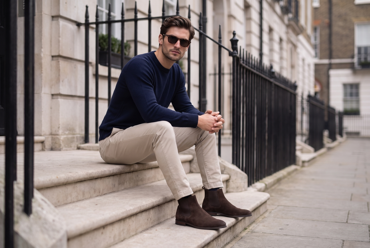 Man wearing stone tapered chinos, navy crew neck jumper and suede Chelsea boots on London steps