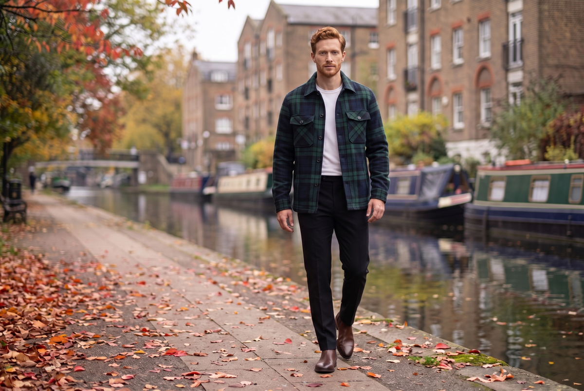 Man in a green and navy tartan shacket over a white tee by Regent's Canal in autumn