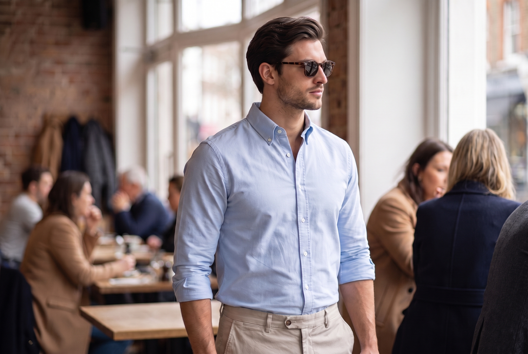 Man in a light blue button-down Oxford shirt and stone chinos in a London café