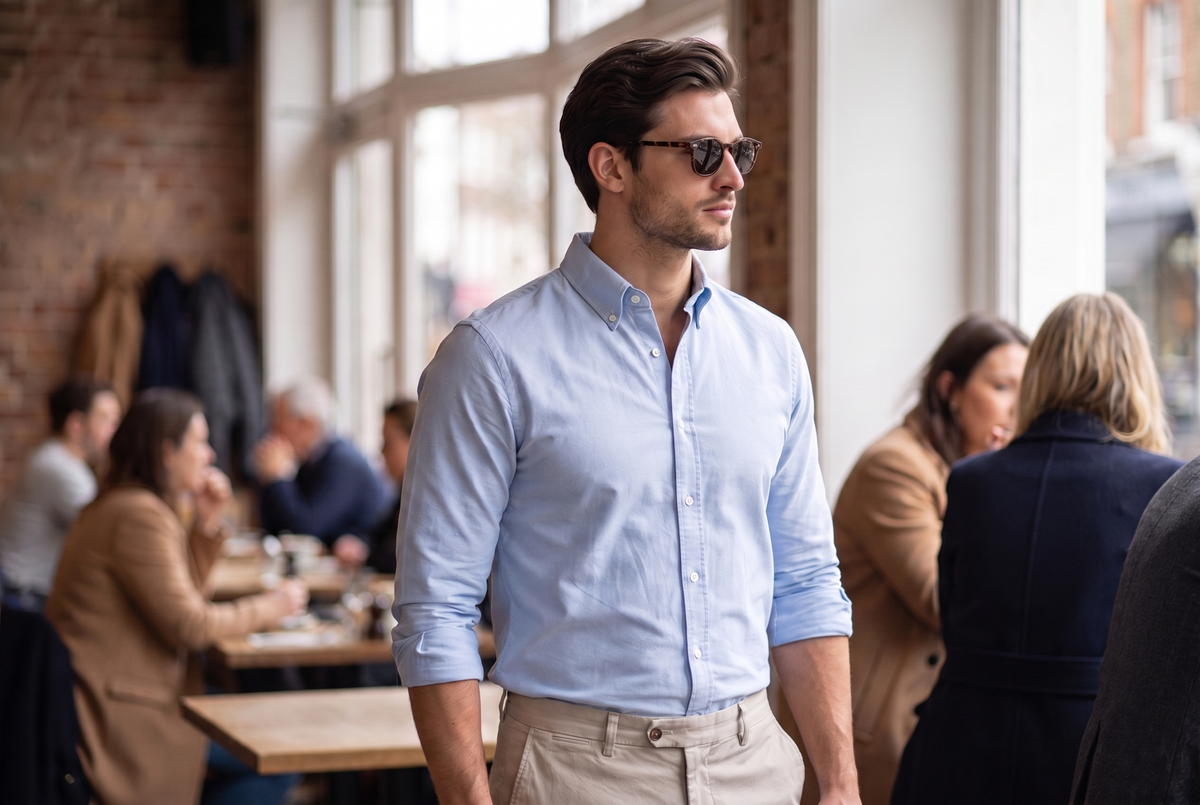 Man in a light blue button-down Oxford shirt and stone chinos in a London café