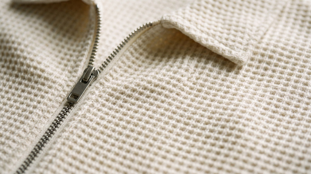 Close-up of ecru waffle-knit fabric and zip
