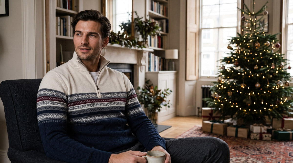 Man in a Fair Isle quarter-zip jumper on Christmas morning
