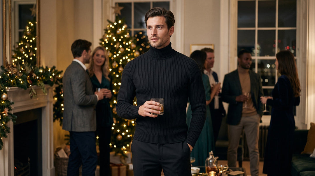 Man in a black roll neck and smart trousers at a Christmas party