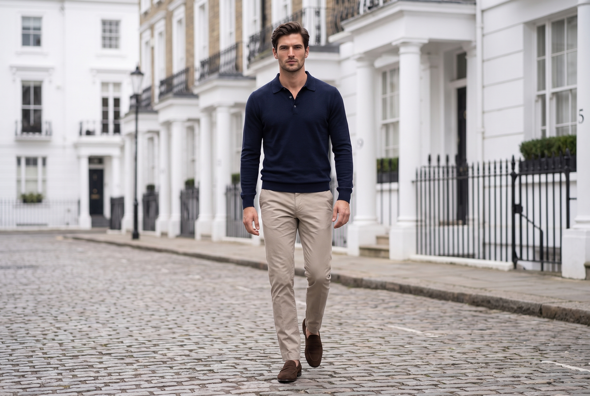 Man in stone slim chinos with a navy knitted polo and suede loafers in Chelsea, London