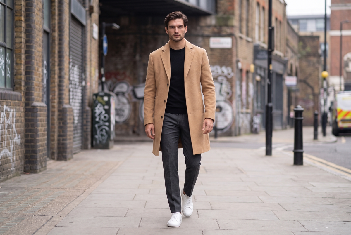White leather trainers with charcoal tailored trousers, black knit and camel overcoat in Shoreditch