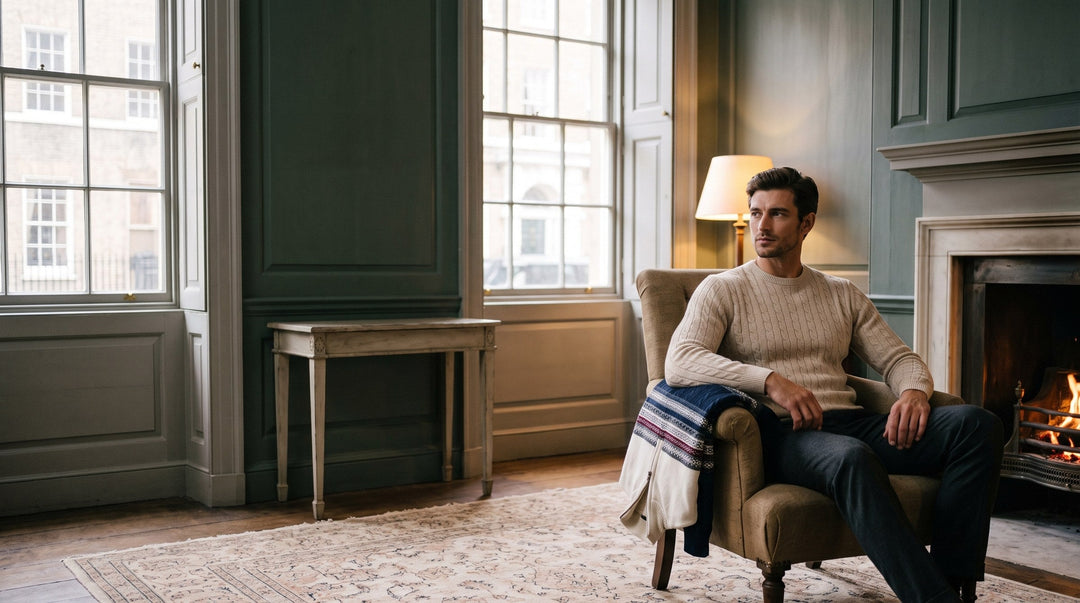 Man in an oat cable-knit jumper by a fireplace in a London drawing room