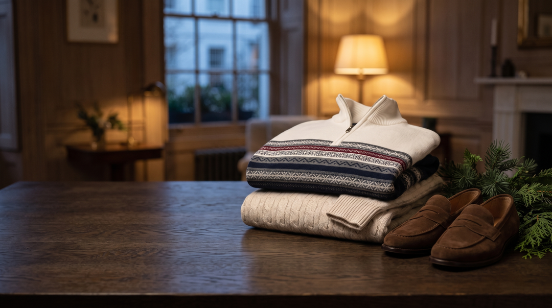 Fair Isle quarter-zip, cable-knit jumper and suede-look penny loafers on an oak table
