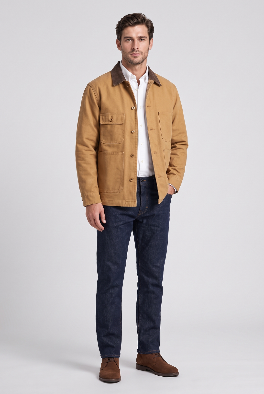 Men's Heavyweight Canvas Chore Jacket in tan (AI-generated studio image)