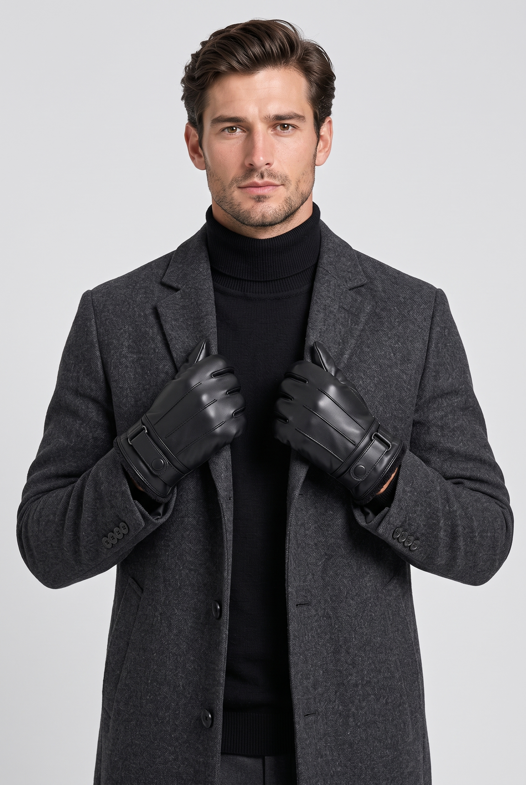 Men's Fleece-Lined Faux Leather Gloves in black (AI-generated studio image)