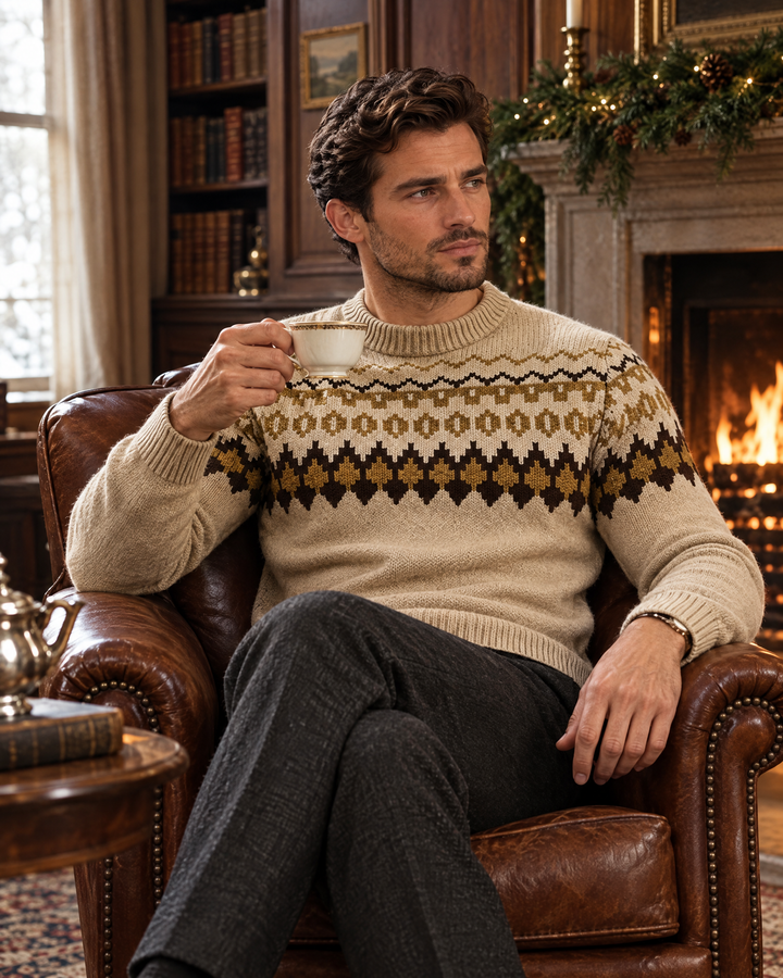 Hampton Fair Isle yoke jumper by a fireplace in a London townhouse
