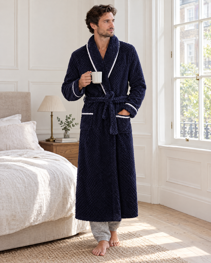 Chelsea fleece dressing gown in Navy in a London bedroom